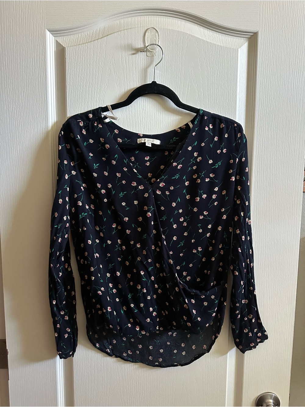 Pale Sky Bernalie Black Surplice Blouse with Pink Bud Print